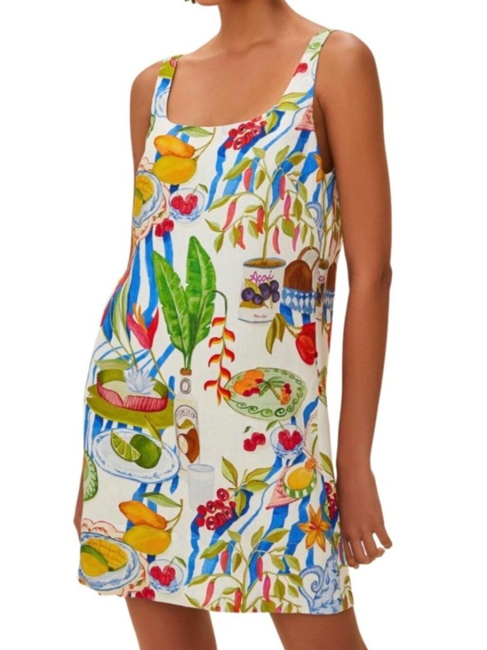 Farm Rio Womens Sz M Fresh Table Linen Mini Dress With Colorful Tropical Print